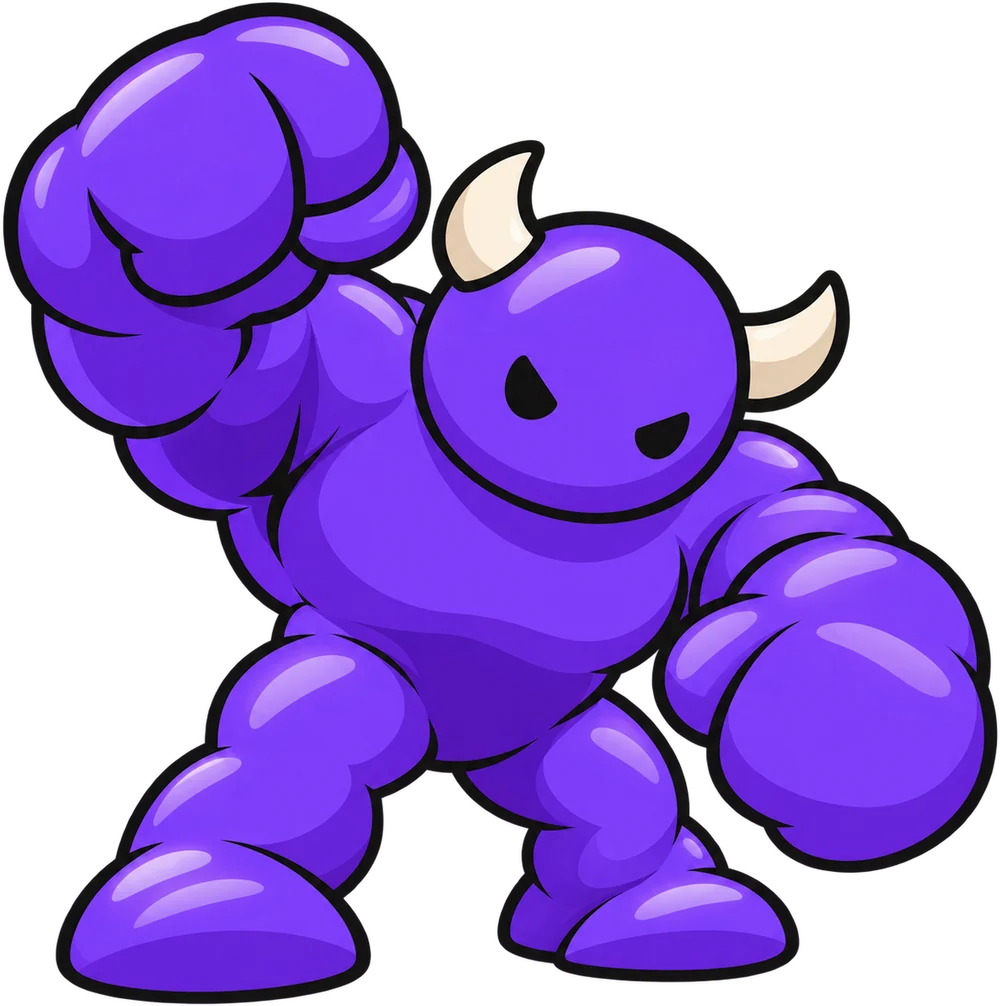 A huge purple boss with ivory horns raises one fist.
