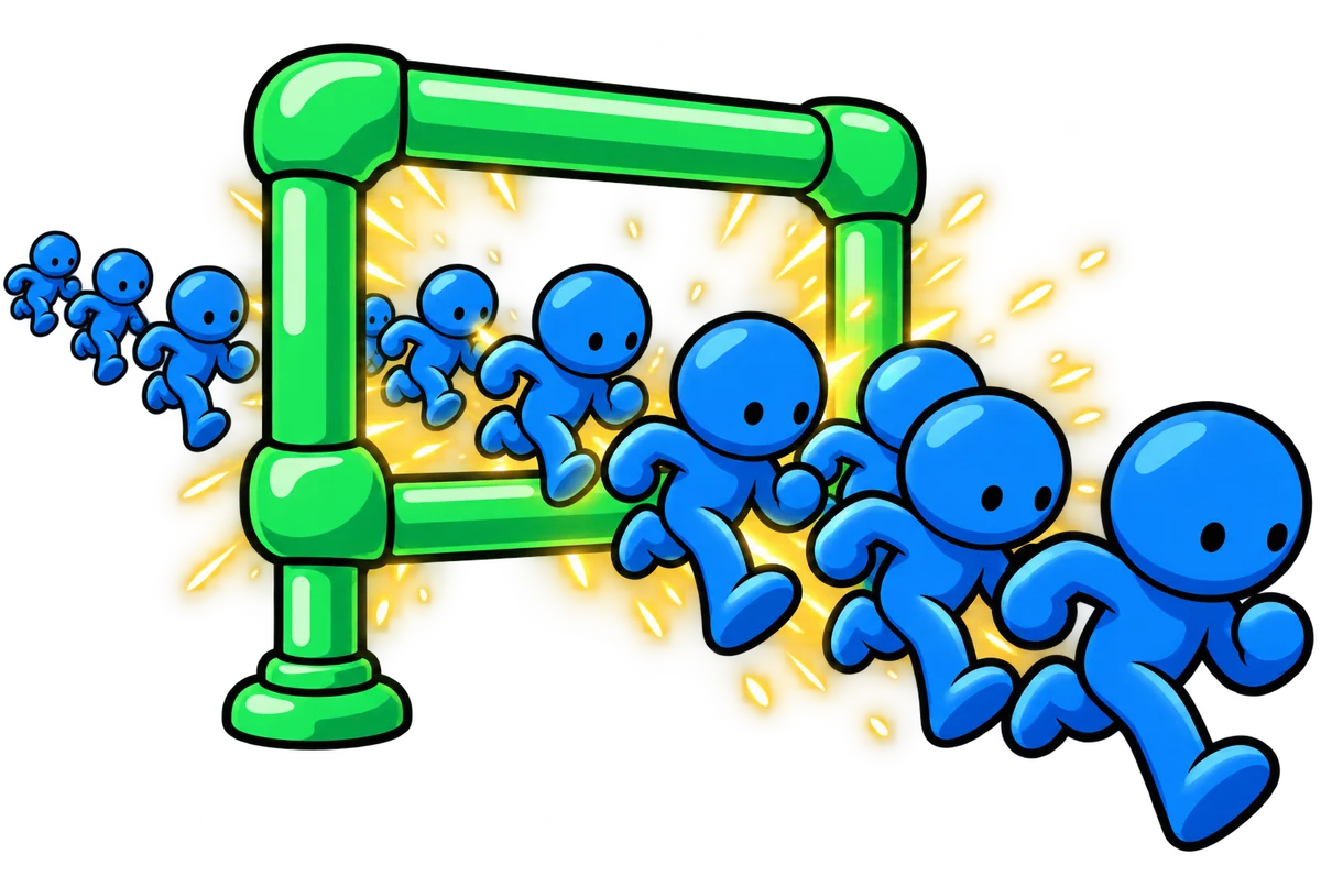Blue runners pour through a glowing green gate and multiply on the other side.